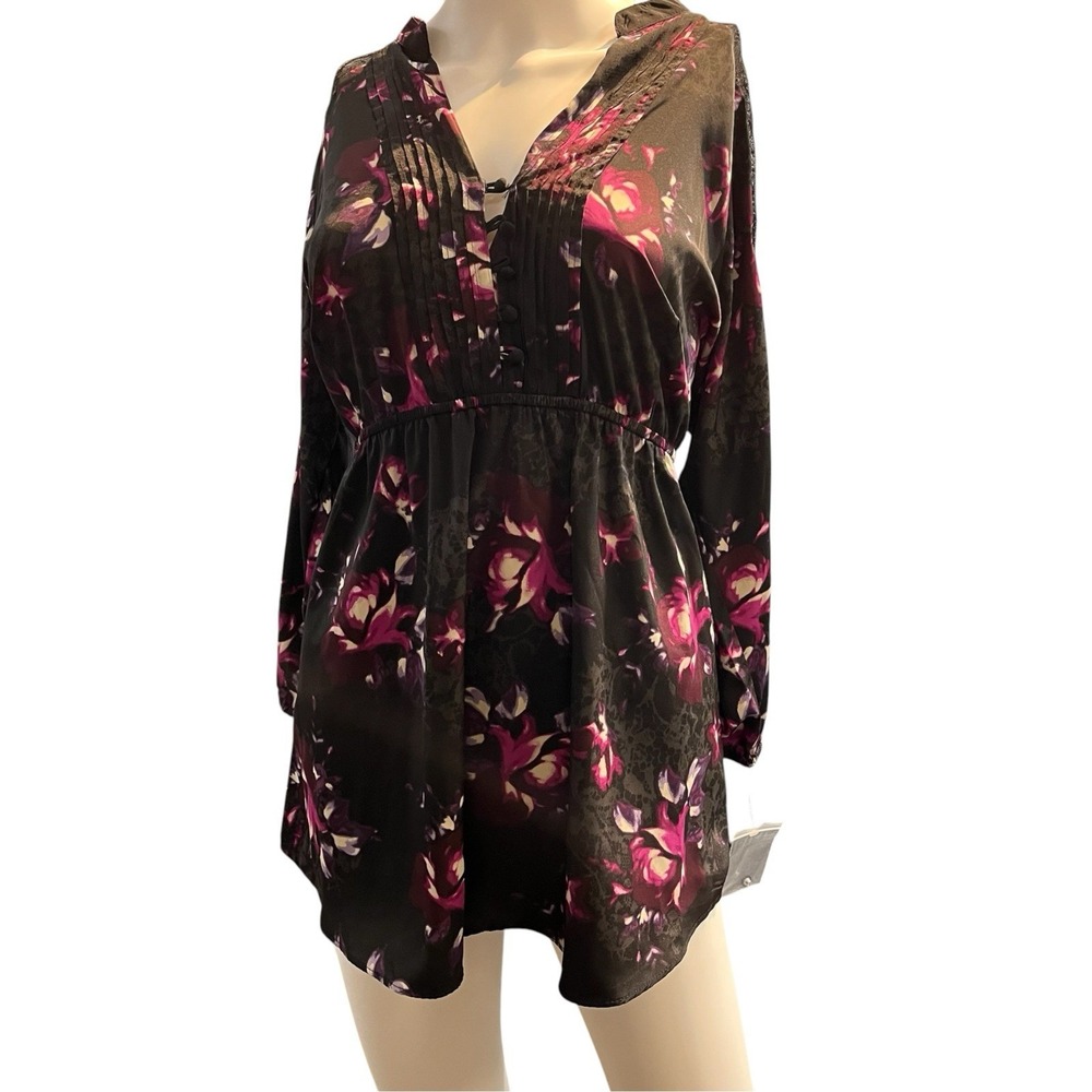 Elle Top Womens L Black Purple Floral Satin Pleated Lace Trim Blouse Whimsigoth